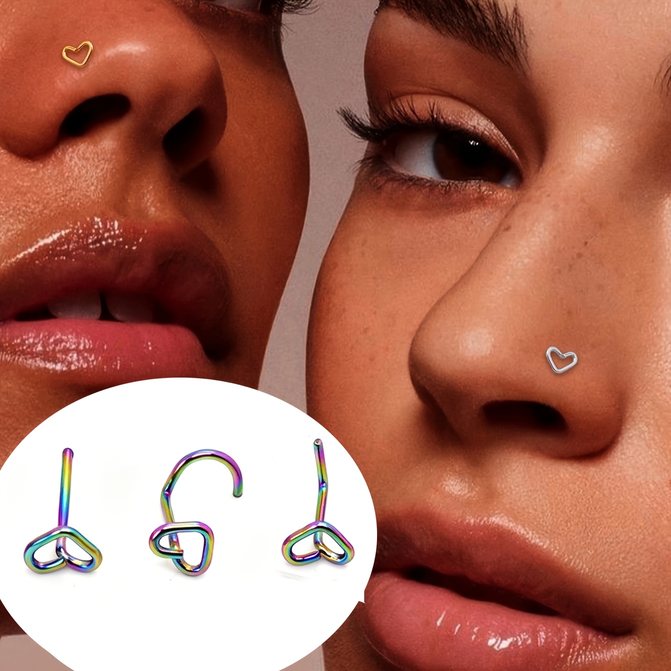 3pcs Elegant 20G Minimalist Heart Stainless Steel Nose Stud Ring